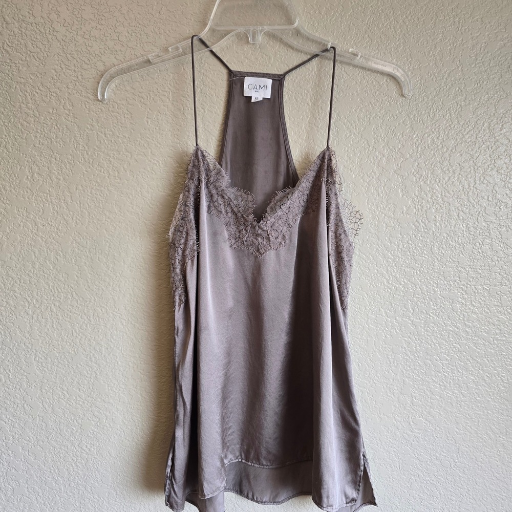 Cami NYC Silk Lace Trim Racerback Camisole Taupe XS Eyelash Lace Spaghetti Strap